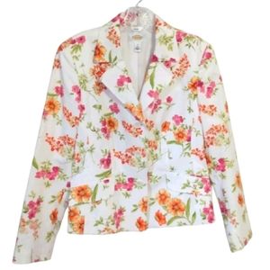 Vintage Talbots White Cotton Blazer Spring Floral Size 8
